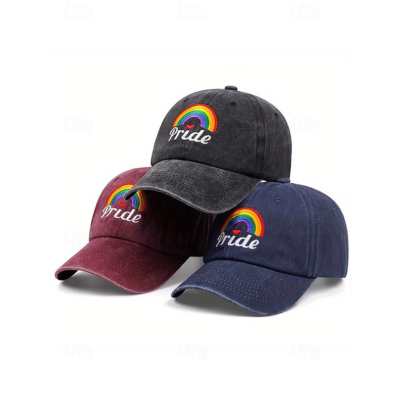 Women's Distressed Denim Pride Hat with Embroidered Rainbow and Hearts - Adjustable LGBTQ Baseball Cap for Pride Parades, Festivals and Casual Wear