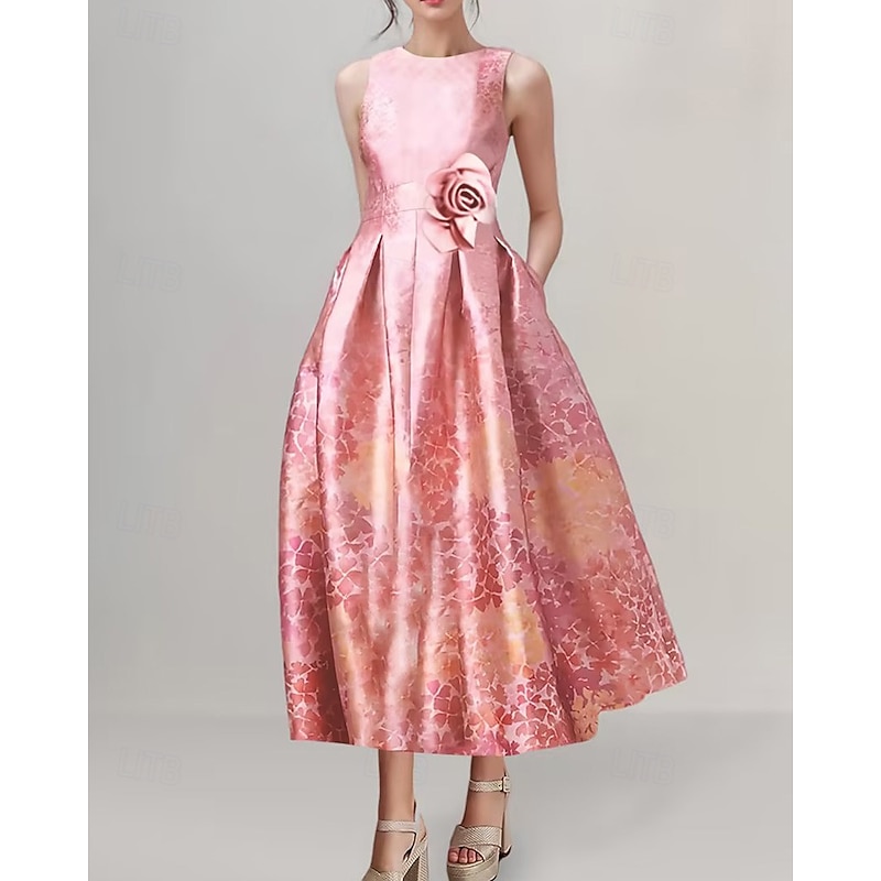 A-Line Cocktail Dresses Elegant Dress Formal Wedding Tea Length Sleeveless Jewel NeckDress Satin with Print Derby Dresses Wedding Guest Dress2