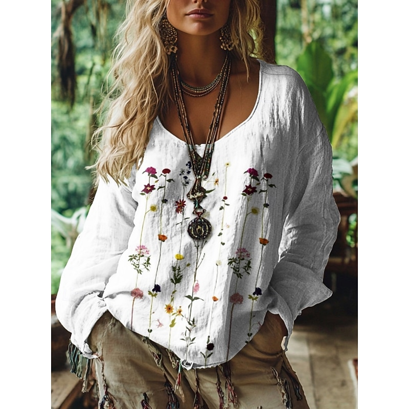 Women's Western Blouse Boho Shirt Blouse Flower Modern Casual Long Sleeve V Neck Regular Tops Daily Holiday Going out Print White Pink Blue Summer Autumn