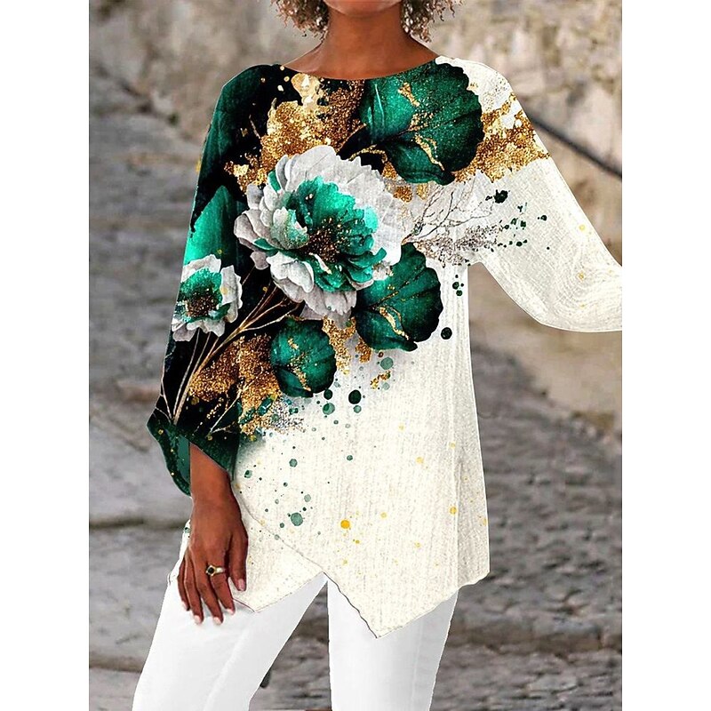 Women's Blouse Long Sleeve Asymmetrical Hem Ombre Floral Graphic Vintage Tropical Stylish 3/4 Length Sleeve Crew Neck Regular Tops Daily Print Blue Green Spring Fall2