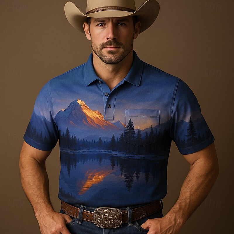 Men's Tree Mountain Polo Short Sleeve Polo Shirts Collared Shirts Casual Western Style Outdoor Athleisure Buttons Pocket 3D Print Summer White Blue Brown3