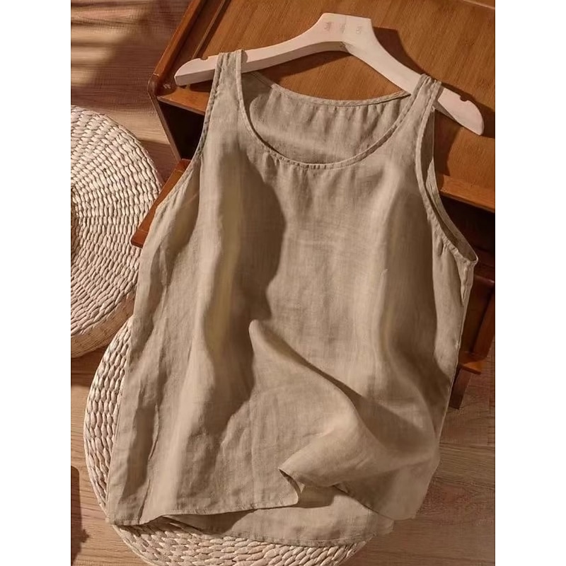 Women's Shirt Solid Color Basic Casual Sleeveless Crew Neck Regular Tops Daily Grass Green White Orange Khaki Summer Spring