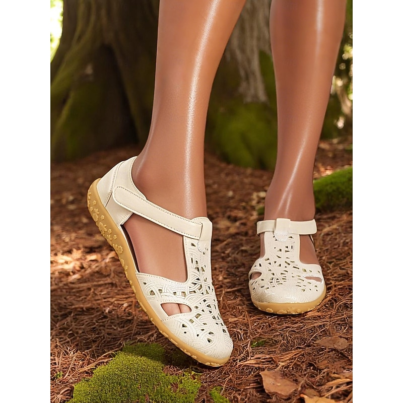 Women's Laser-Cut Faux Leather Comfort Sandals – Casual Magic Tape Shoes for Everyday Use