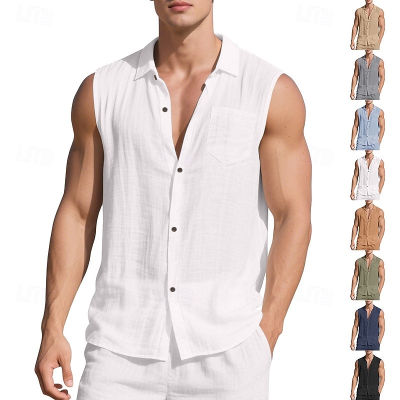 Men's Shirt Linen Shirt Summer Shirt Beach Wear Sleeveless Shirt Solid Color Vacation Street Black White Navy Blue Sky Blue Sleeveless Shirt Collar Summer Spring Clothing Apparel Pocket