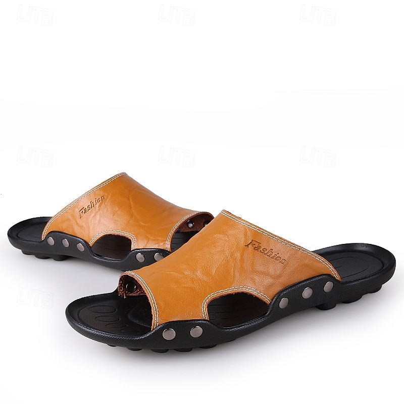 Men's Tan Faux Leather Open Toe Slide Sandals with Hollow Out Sole Design – Breathable Lightweight Slip-On Summer Slippers for Home, Beach and Casual Daily Wear3