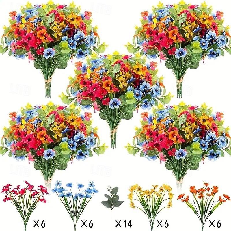 38 Bundles Artificial Flowers for Outdoors, Faux Spring Grass Violet, Silk Printed Aquatic Plants, Eucalyptus Leaves, UV Resistant for Garden Porch Patio Decor2