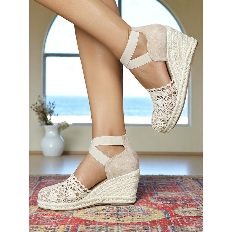 Women's Crochet Lace Espadrille Wedge Sandals – Vintage Style Closed Toe Platform Shoes with Ankle Straps, Ideal for Summer Beach Weddings and Garden Parties4