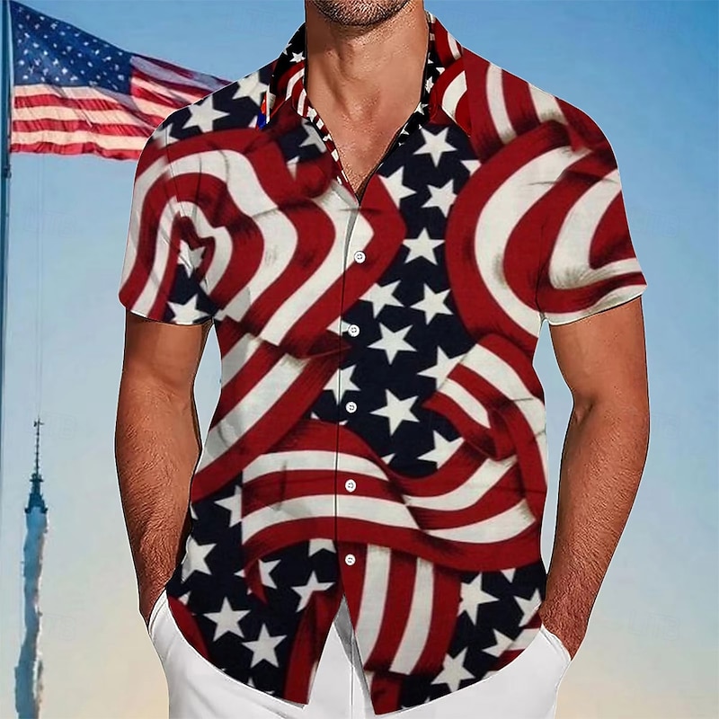 Independence Day Men's American US Flag Patriotic Fourth of July Shirt Summer Shirt Button Up Shirt Short Sleeve Fashion Casual Outdoor Holiday Summer Spring Turndown 3D Print Collared Shirts Black