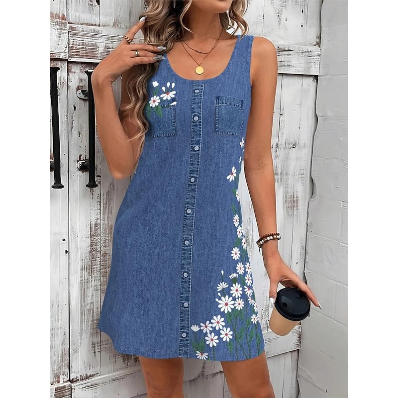 Women's Mini Dress Sundress A Line Dress Summer Dress Vacation Casual Daily Regular Fit Floral Graphic Sleeveless U Neck Navy Blue Blue Summer4