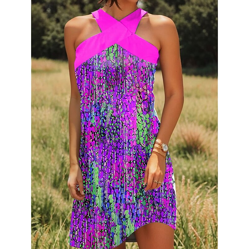 Women's Mini Dress Sundress A Line Dress Vacation Casual Going out Regular Fit Ombre Graphic Polka Dot Sleeveless Halter Neck Blue Purple Orange Summer