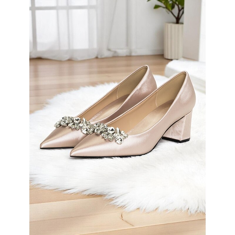 Women's Champagne Satin Pointed Toe Wedding Pumps with Chunky Mid Heels and Crystal Embellishment - Elegant Bridal Dress Shoes for Bride Ceremony Reception and Bridesmaids4