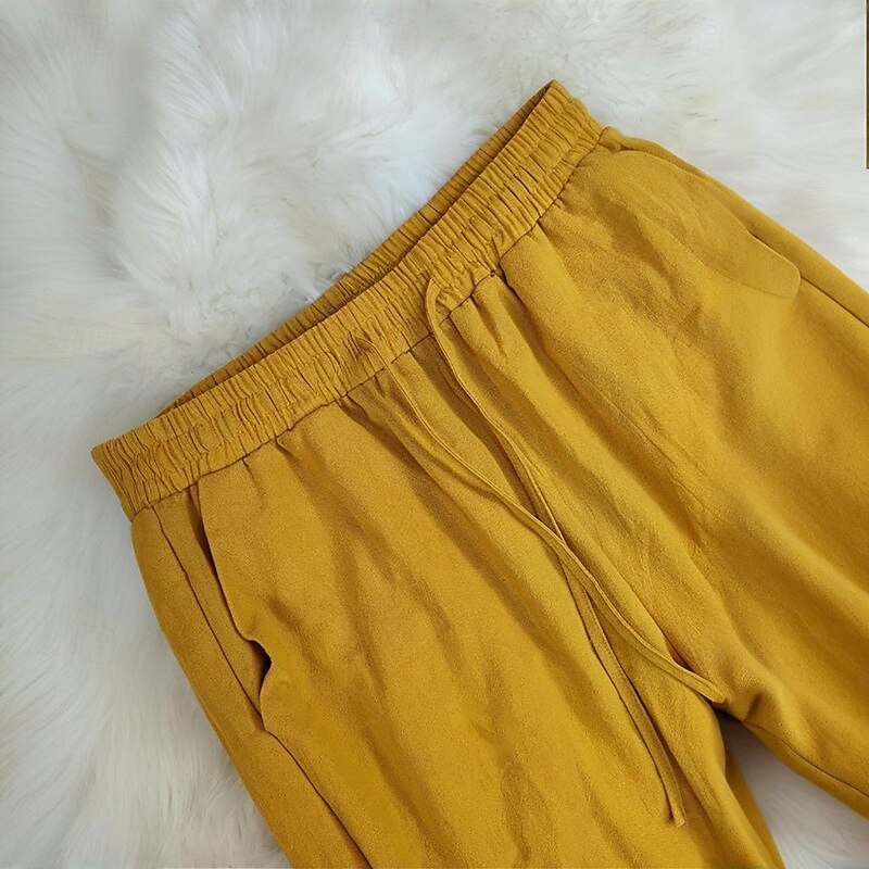 Women's Cotton Linen Pants Slacks Fashion Streetwear Full Length Natural Plain Pocket Elastic Drawstring Design Outdoor Comfortable Street Going out Ginger Summer Regular Fit4