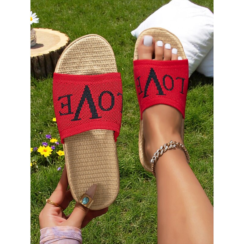 Women's Flyknit Slide Sandals - Red "LOVE" Graphic, Casual Slip-On Design, Perfect for Beach Days and Casual Outings3