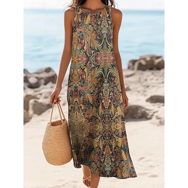 Women's Maxi Dress A Line Dress Off The Shoulder Dress Vacation Casual Boho Going out Standard Fit Floral Graphic Paisley Sleeveless U Neck Brown Dark Gray Summer Spring