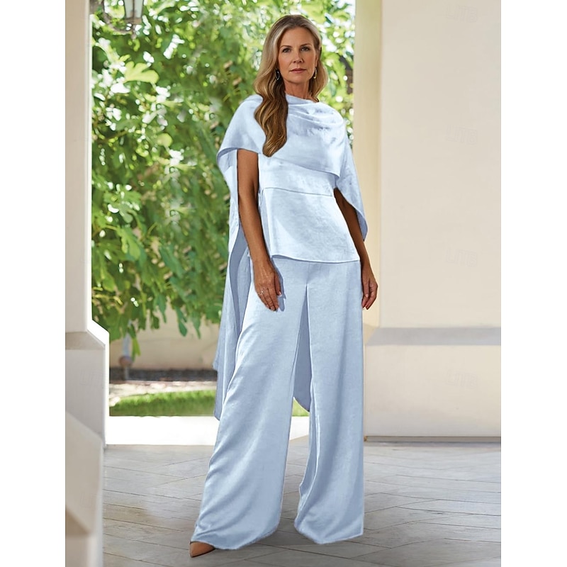 Two Piece Wrinkled Satin Pantsuit Mother of the Bride Pantsuit Elegant Simple Minimalist Cowl Neck Funnel Neck Floor Length Sleeveless Short Sleeve with Draping4
