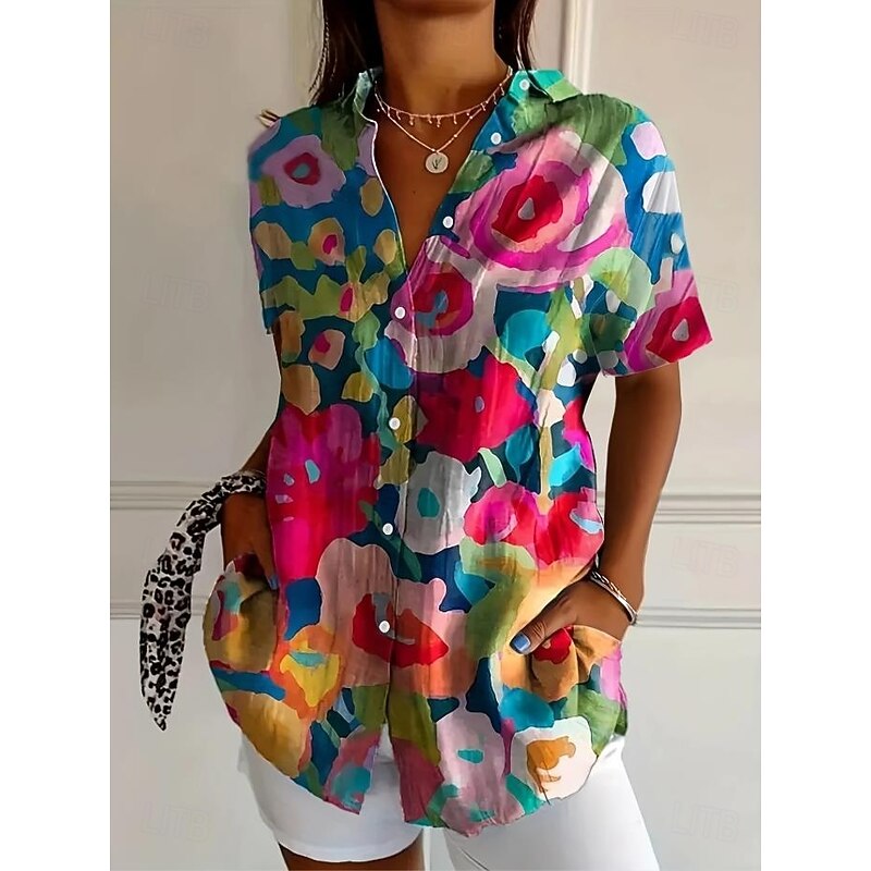 Women's Shirt Long Sleeve Button Down Blouse Floral Graphic Active Daily Stylish Short Sleeve Shirt Collar Regular Tops Daily White Red Fuchsia Summer Spring3