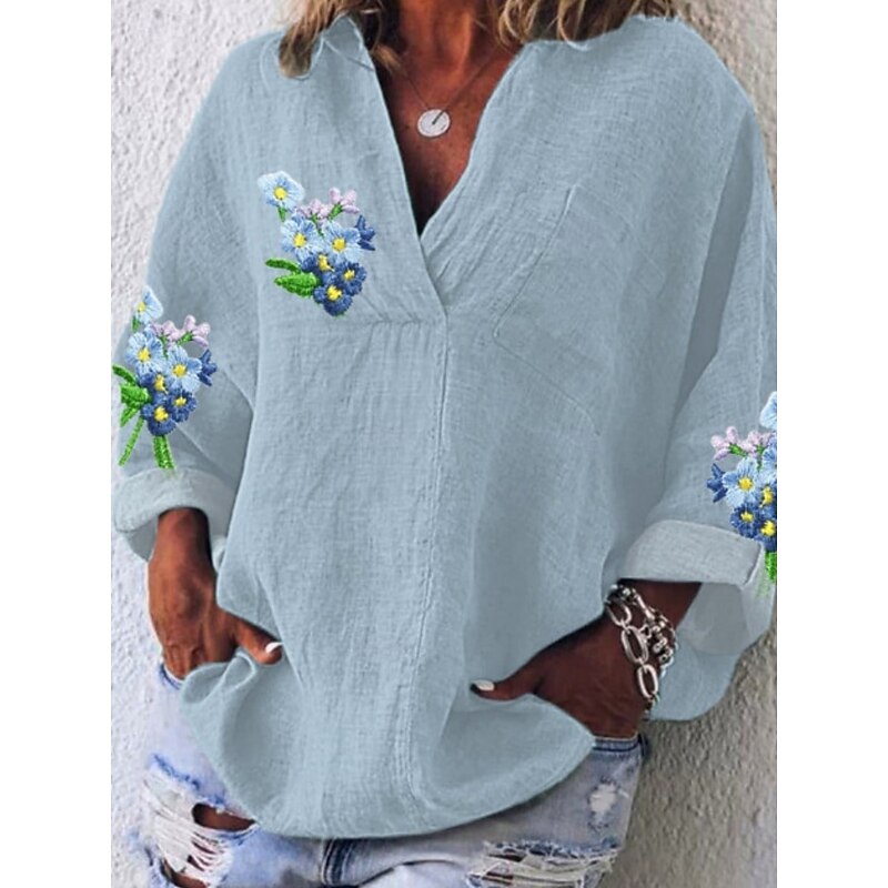 Women's Shirt Floral Basic Casual Long Sleeve V Neck Regular Tops Daily Print White Blue Purple Violet Summer3
