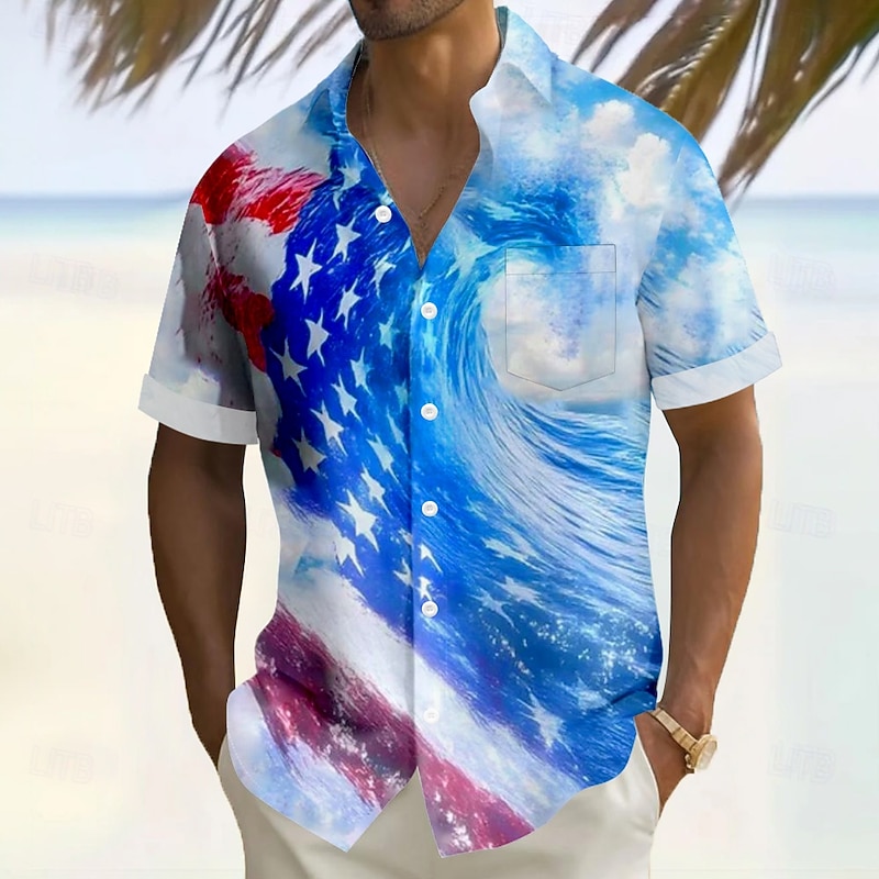 Independence Day Men's American US Flag Patriotic Shirt Summer Shirt Button Up Shirt Short Sleeve Fashion Casual Holiday Summer Turndown 3D Print Front One Pocket Linen Like Shirt Blue