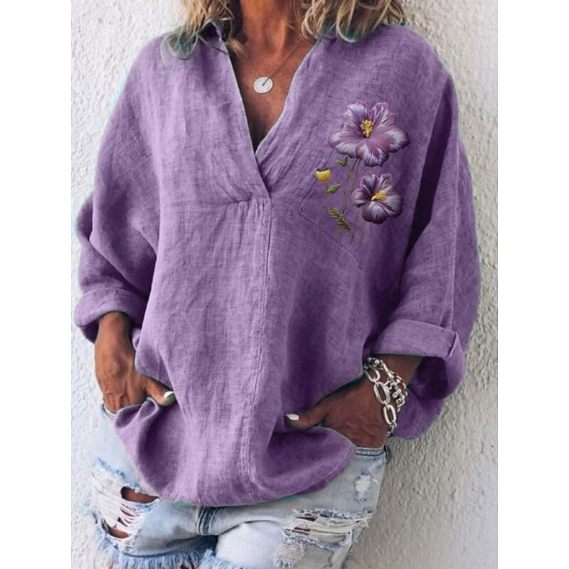Women's Shirt Floral Basic Casual Long Sleeve V Neck Regular Tops Daily Print White Blue Purple Violet Summer2