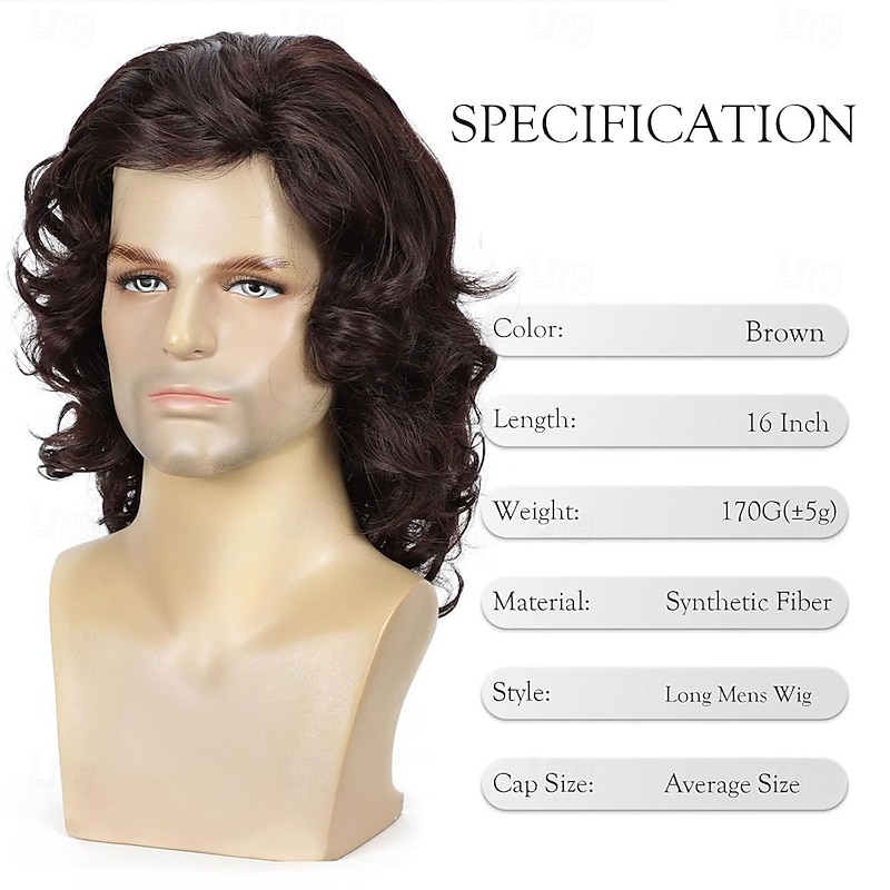 Men's Brown Wig Natural Wavy Curly Long Hair Wig Men 70s 80s Rocker Cosplay Synthetic Wigs for Halloween Costume Accessory2