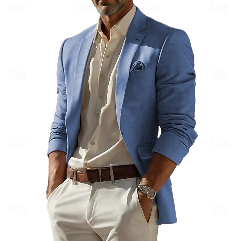 Men's Linen Blazer Sport Coat Notch Collar Fashion Casual Solid Colored Blazer Lake blue Sky Blue Dark Grey Standard Fit Single Breasted One-button
