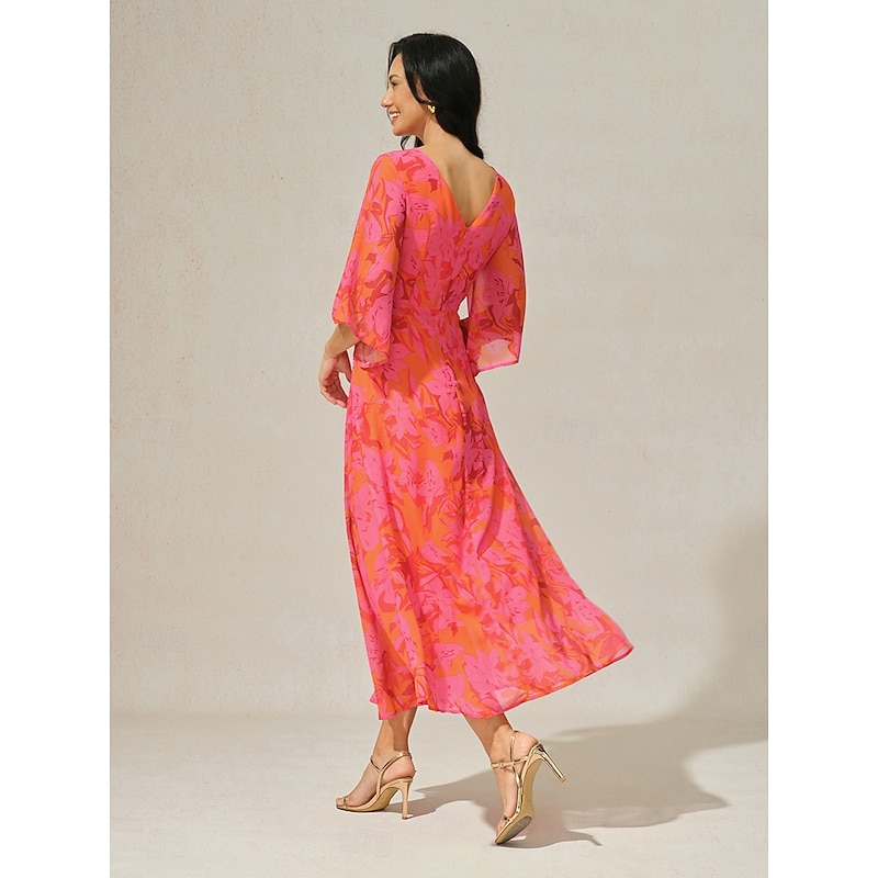 Women's Maxi Dress A Line Dress Elegant Flared Sleeve Wedding Guest Cocktail Party Regular Fit Floral 3/4 Length Sleeve V Neck Red Summer3