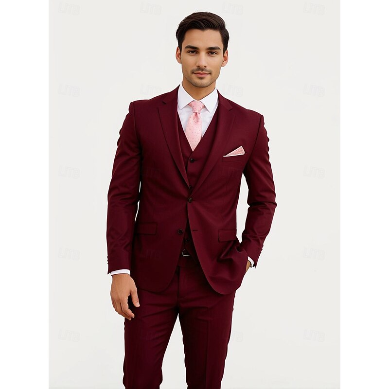 Men's Wedding Business Suits Notch Lapel Burgundy Navy Blue Fashion Formal Solid Colored Standard Fit 3 Piece Single Breasted Two-buttons2