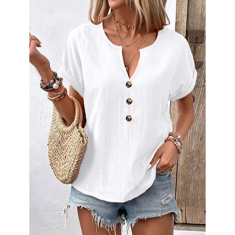 Women's Blouse Solid Color Plain Elegant Vintage Casual Short Sleeve V Neck Notched Neck Regular Tops Daily Holiday Buttons White Red Navy Blue Orange Beige Summer Spring3