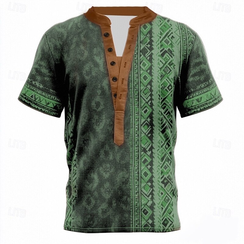 Men's Tribal Ethnic T Shirt Henley Shirt Tee Short Sleeve Designer Basic Ethnic Outdoor Casual Daily Summer Green Khaki Gray Henley Henley T-Shirt4