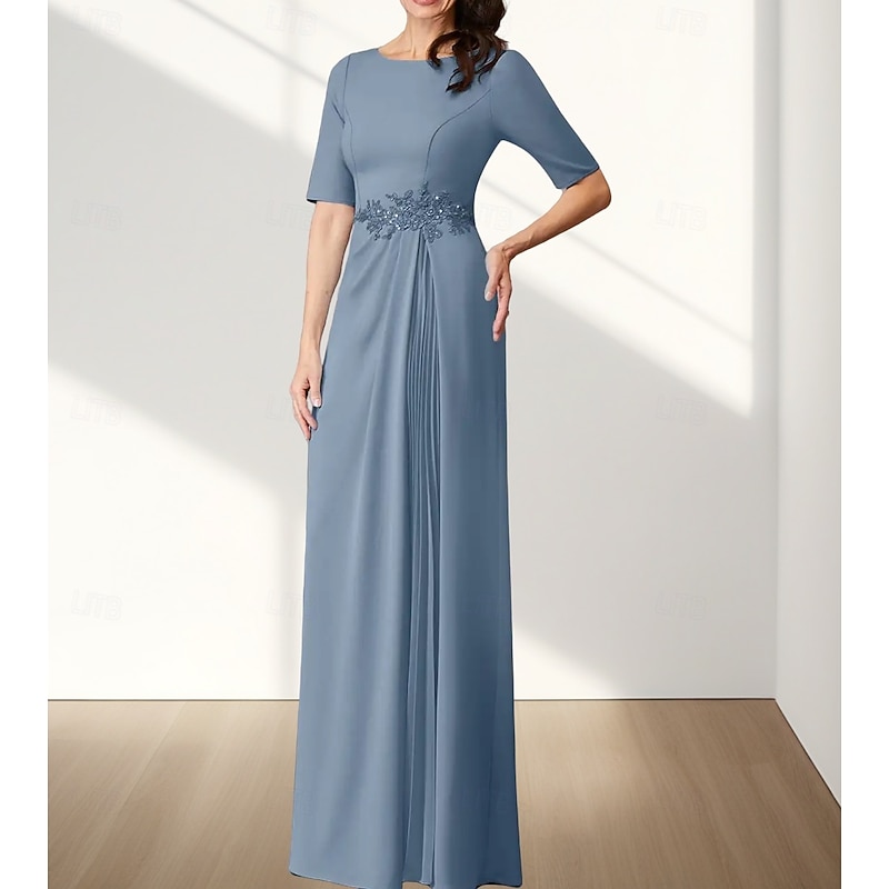 A-Line Mother of the Bride Dress Wedding Guest Elegant Crew Neck Floor Length Chiffon Stretch Fabric Half Sleeve with Appliques Ruching