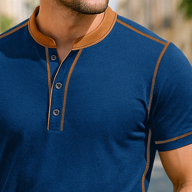 Men's Henley Shirt Tee Top Short Sleeves Patchwork Solid Fashion Designer Basic Color Matching Decorative Lines Henley Vacation Street Casual Summer All Seasons Black Navy Blue Gray Henley T-Shirt2