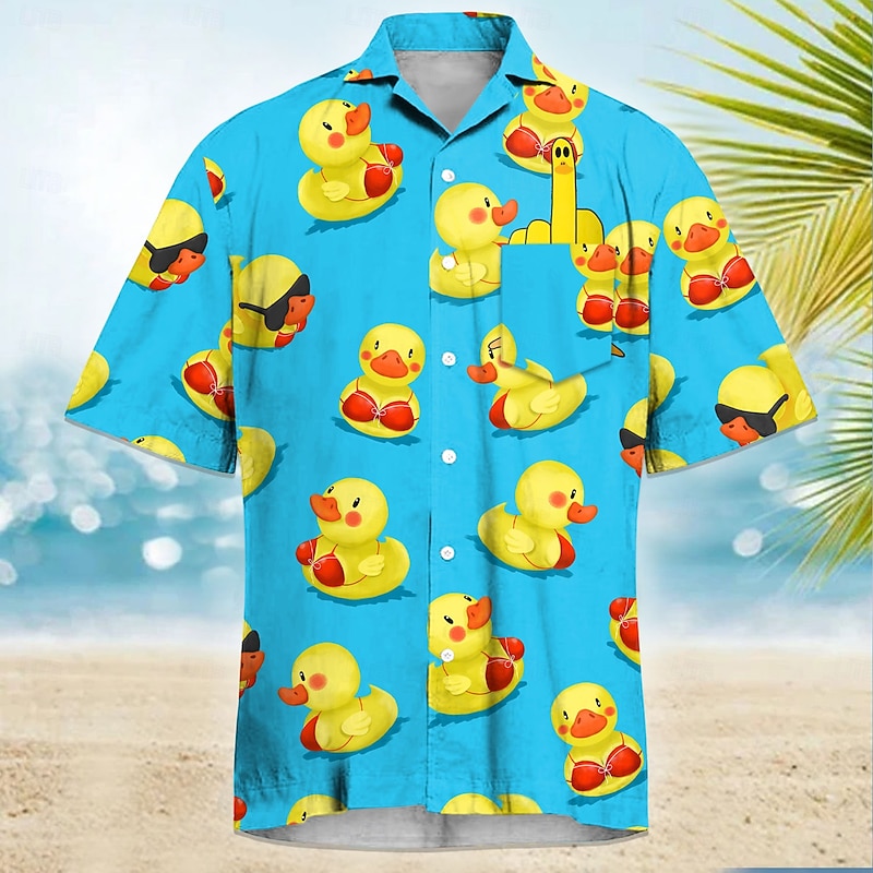Men's Little Yellow Duck Funny Cuban Collar Shirt Summer Hawaiian Shirt Aloha Shirt Short Sleeve Hawaiian Vacation Holiday Beach Wear Summer Spring Camp Collar Shirt 3D Print Front One Pocket Black