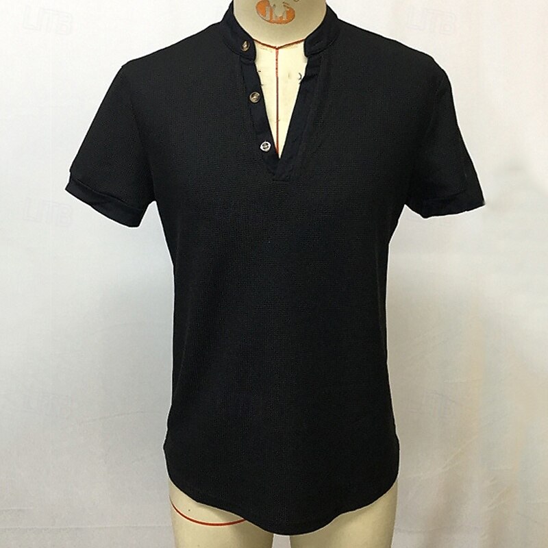 Men's T Shirt Waffle Henley Shirt Henley Shirt Tee Short Sleeve Henley Summer Plain Fashion Designer Basic Buttons Vacation Street Going out Black Top Tee for Men2