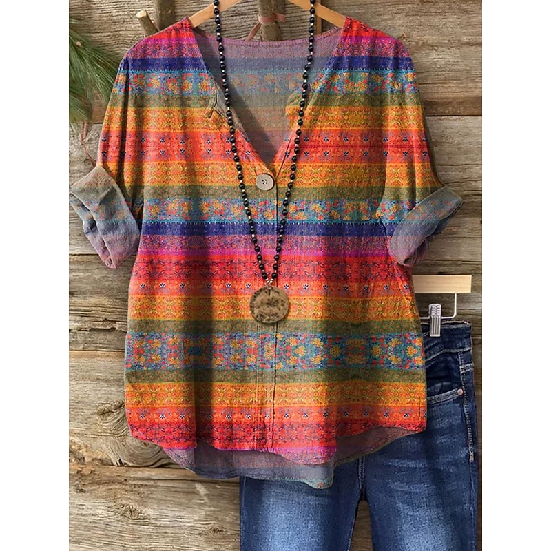 Women's Blouse Long Sleeve  V Neck Floral Graphic Vintage Tropical Hawaiian  Regular Tops Daily Holiday Beach Wear Print Blue Orange Green Summer Spring3