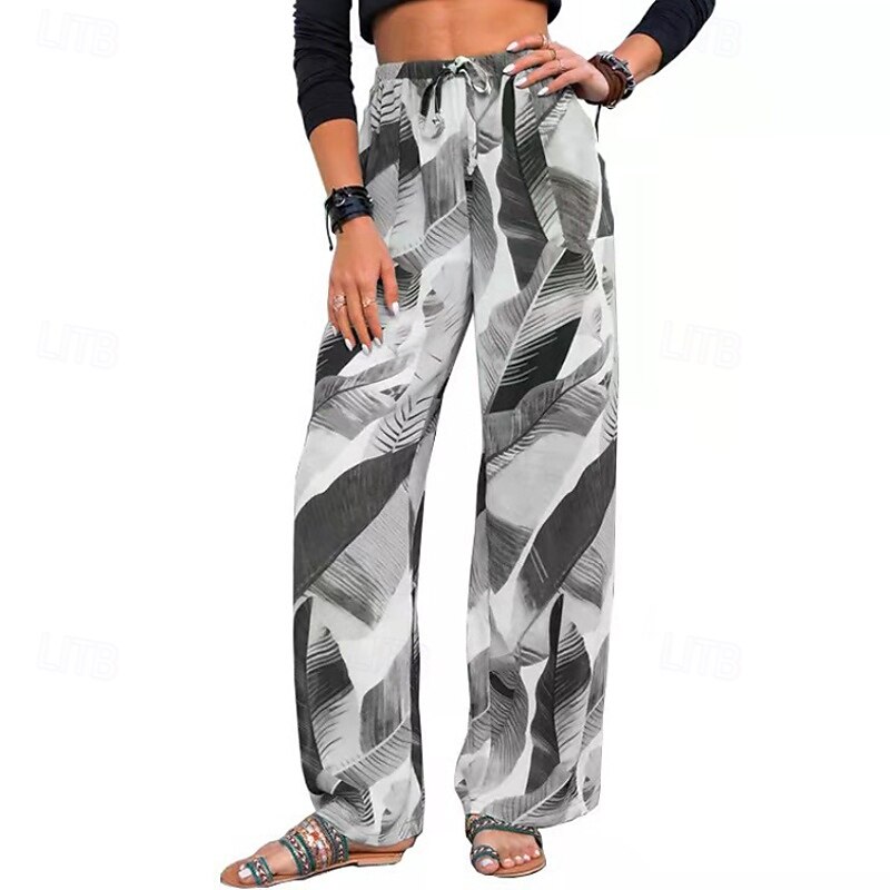 Women's Slacks Pants Trousers Fashion Boho Full Length Natural Leaf Print Elastic Drawstring Design Comfy Outdoor Comfortable Outdoor Holiday Casual Daily Grey Pink Purple Green Summer Regular Fit2