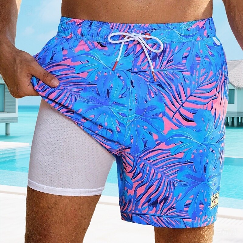 Men's Swim Shorts Board Shorts Swim Trunks Print Quick dry Breathable Drawstring Elastic Waist With Compression Liner Vacation Beach Hawaiian Casual Lake Blue Pink2