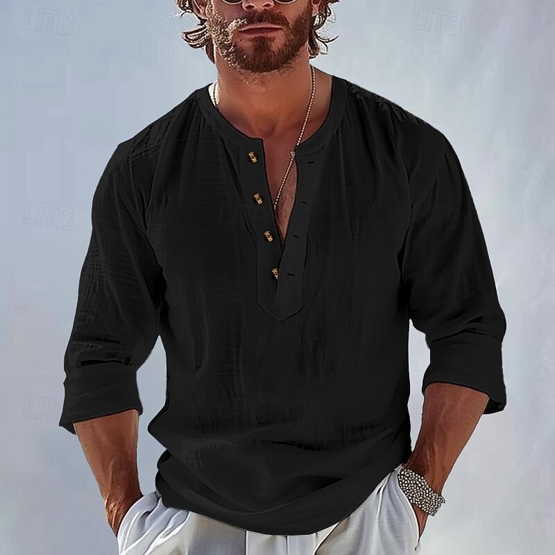 Men's Shirt Popover Shirt Summer Shirt Beach Wear Plain Vacation Casual Black White Sky Blue Apricot Long Sleeve Band Collar Spring & Summer Clothing Apparel4