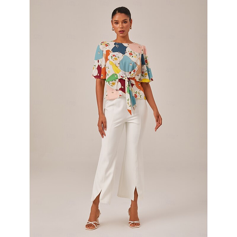 Geometric Floral Tie Front Top2