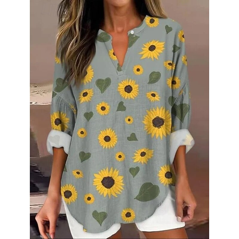 Women's Boho Shirt Floral Graphic Bohemia Daily Casual Long Sleeve V Neck Regular Tops Daily Holiday Going out Patchwork Print White Yellow Wine Navy Blue Dusty Blue Spring, Fall, Winter, Summer2
