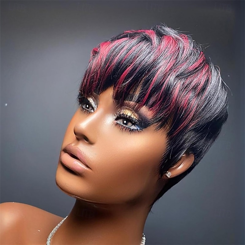 Short Pixie Cut Wig Synthetic Wig for Black Women with Burgundy Layered Short Haircut Wig Glueless Wig with Bangs Quick Get Up and Go Wig4