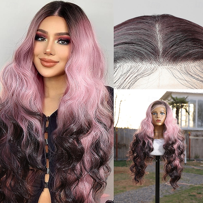 Synthetic Lace Wig Body Wave Style 30 inch Pink Middle Part 13x4 Lace Front Wig Women's Wig Pink+Red