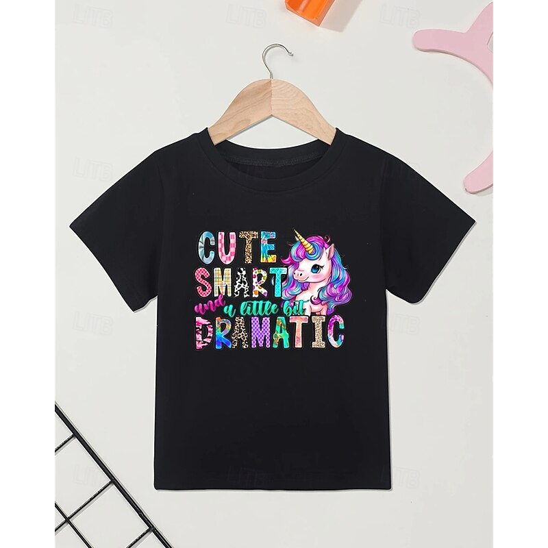 100% Cotton Kids Girls' Black Unicorn Letters T shirt Tee Crew Neck Short Sleeve Outdoor Vacation Daily Classic Casual Print Summer2