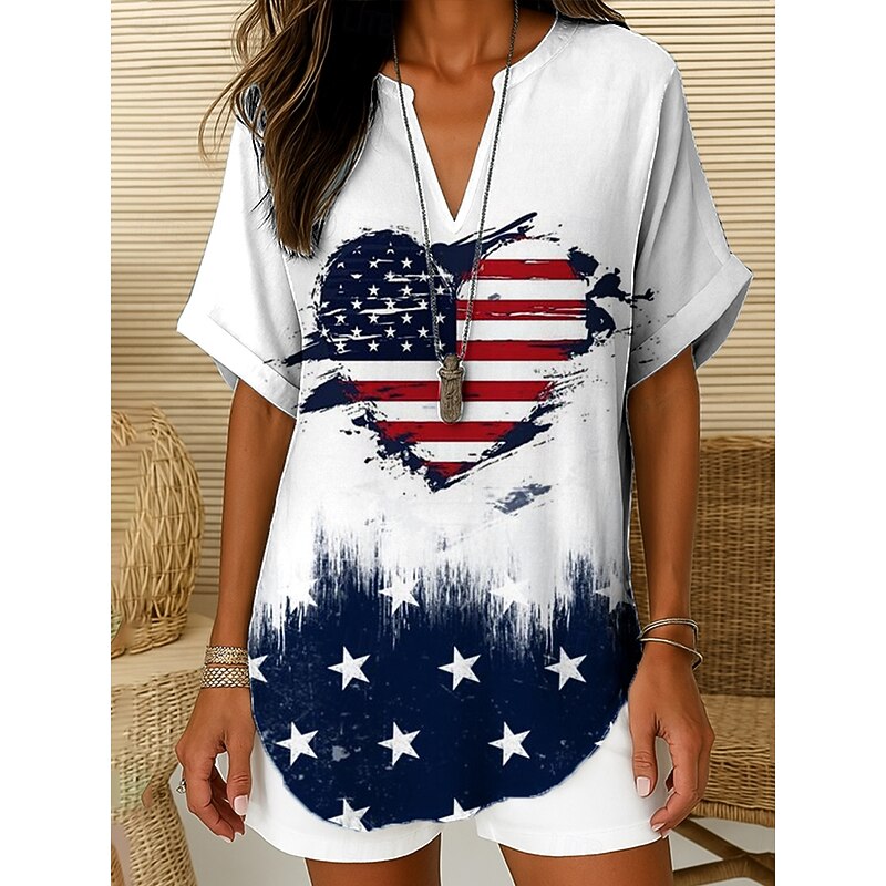Women's Patriotic  Blouse Ombre Heart Flag Elegant Daily Stylish Short Sleeve V Neck Notched Neck Regular Tops Work Daily Holiday White Red Blue Summer