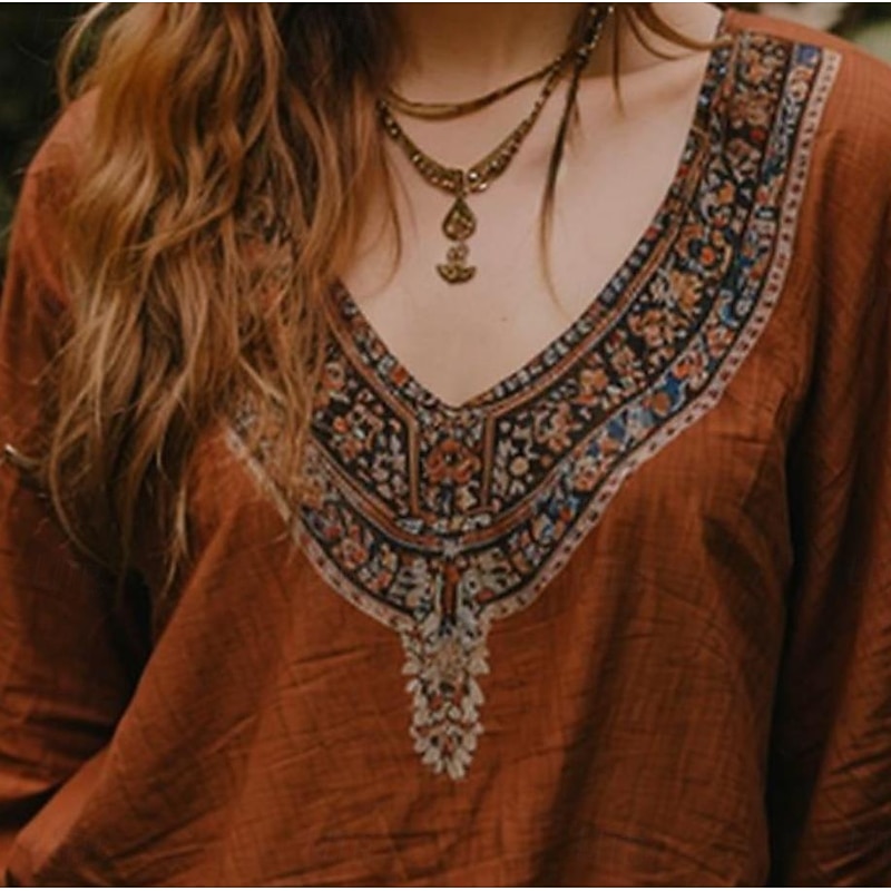 Women's Blouse Floral Graphic Geometric Bohemia Vintage Tropical 3/4 Length Sleeve V Neck Regular Tops Ruched Print Maroon Summer Spring2