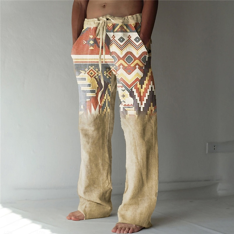 Men's Geometric Pattern Graphic Prints Linen Pants Trousers Summer Pants Mid Waist Streetwear Hawaiian Designer Casual Daily Holiday Drawstring Elastic Waist 3D Print Spring & Summer 3D Print Blue