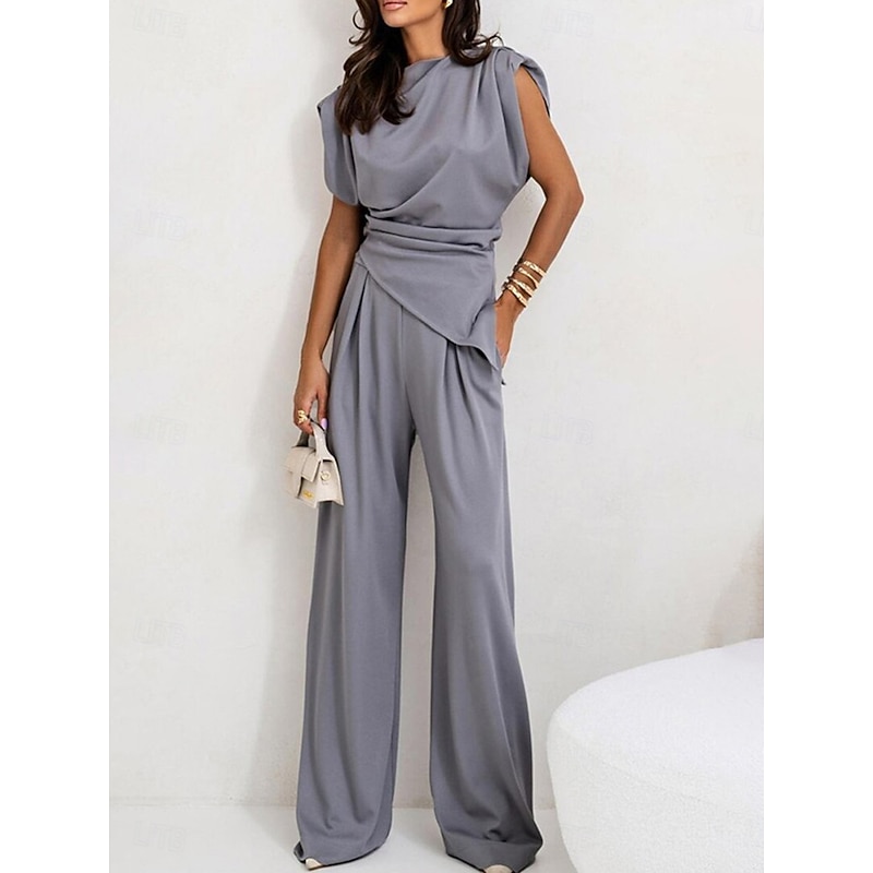 Women's Elegant Fashion Streetwear Pants Sets Sleeveless Crew Neck Solid Color Ruched Formal Casual Daily Dark Grey White Khaki Summer Regular Fit