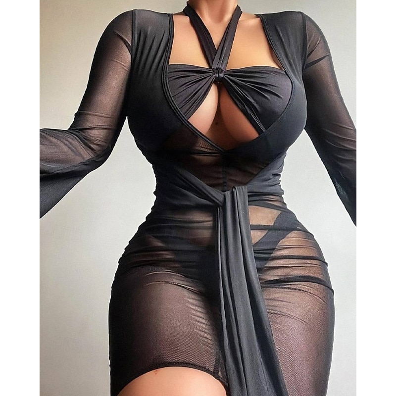 Women's Mini Dress Black Dress Cocktail Dress Bodycon Formal Dress Fashion Modern Vacation Going out Club Regular Fit Plain Long Sleeve V Neck White Summer2