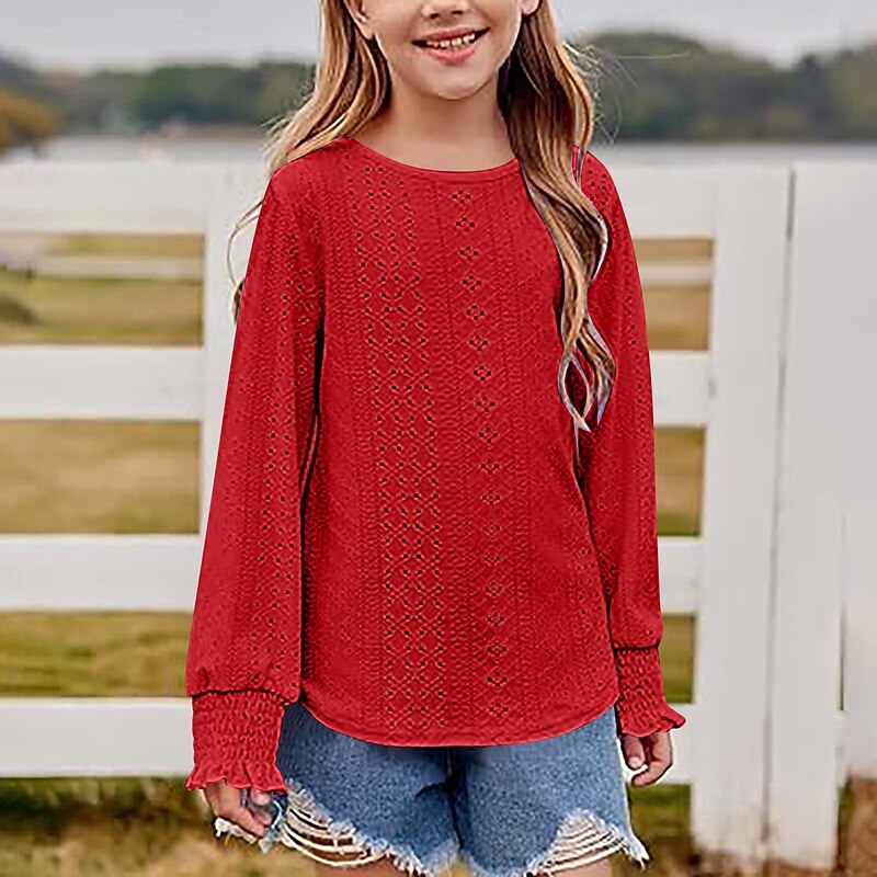 Kids Girls' T shirt Solid Color Casual Long Sleeve Lace Daily 4 years+ Spring Pink Wine Red2