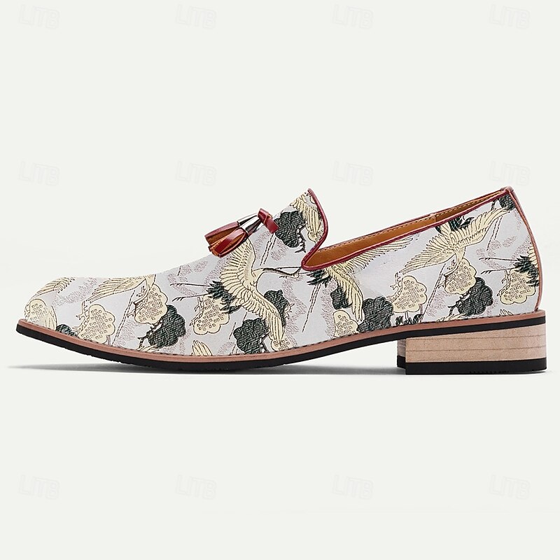 Men's Floral Jacquard Slip-On Loafers with Tassel Detail - Premium Embroidered Shoes for Semi-Formal and Casual Outings4