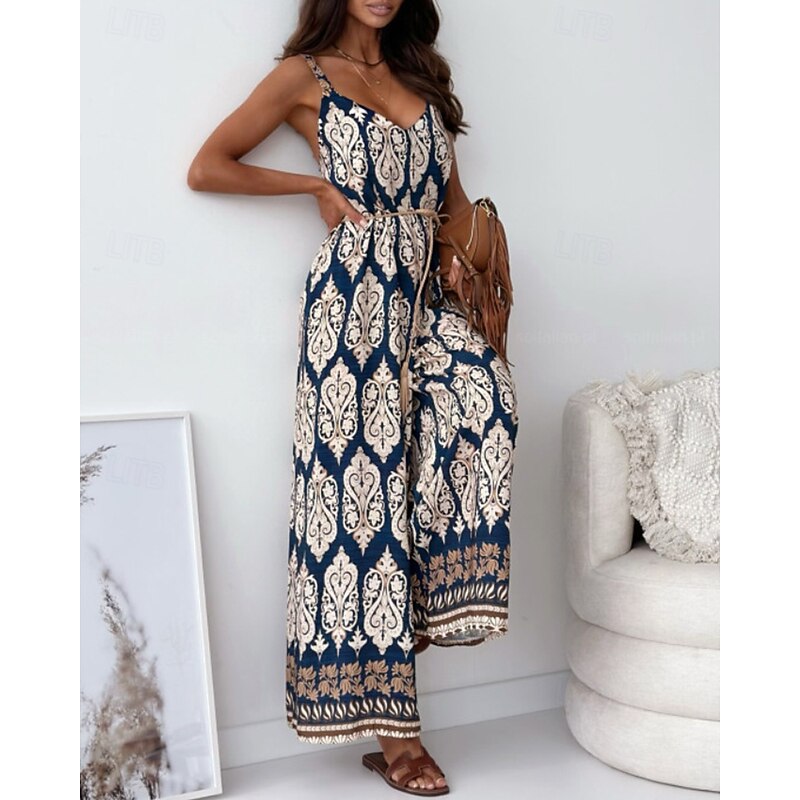 Women's Normal Jumpsuit Streetwear Floral Sleeveless V Neck Print Street Daily Regular Fit Navy Blue Royal Blue Blue Summer4